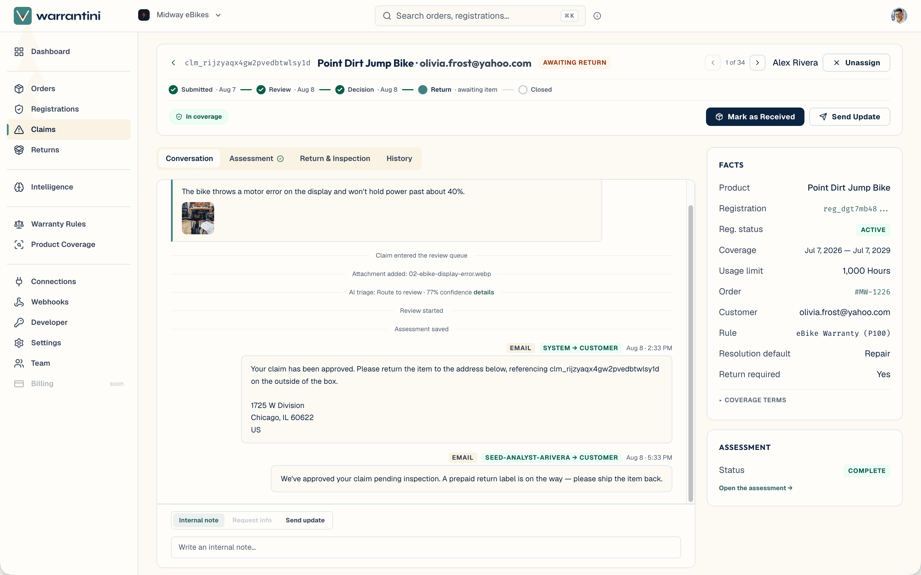A warranty claim open in the merchant dashboard: an in-coverage e-bike claim, approved and now awaiting the returned item. A progress tracker runs Submitted, Review, Decision, Return, Closed; the customer's description of a motor fault sits above their photo and an activity timeline — including the AI triage decision and the approval email that sent them the return address — with a facts panel on the right listing the coverage window, usage limit, matched rule, and default resolution.