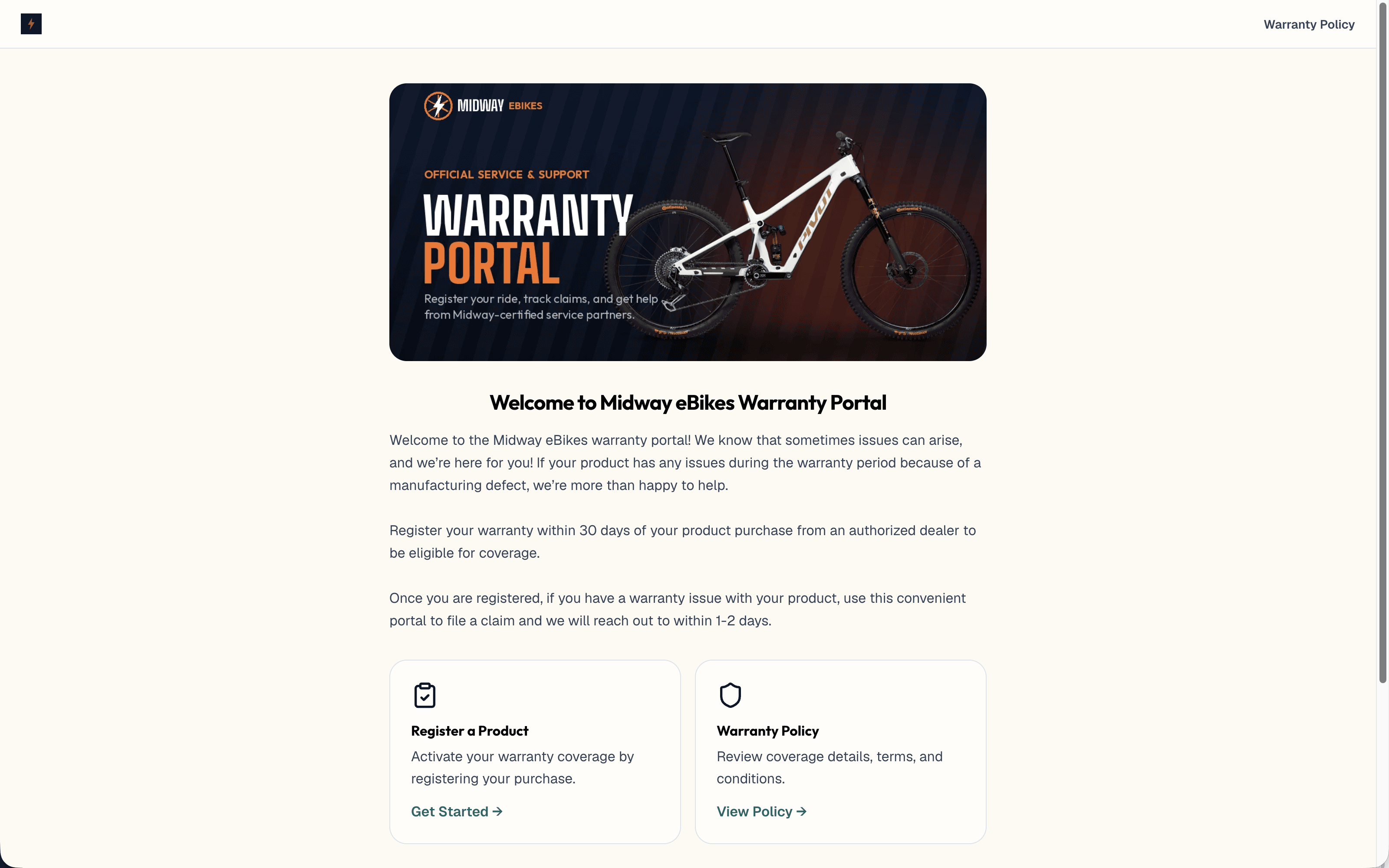 The customer warranty portal in a merchant's own branding: a hero banner for Midway eBikes, a welcome note, and cards to register a product or read the warranty policy.