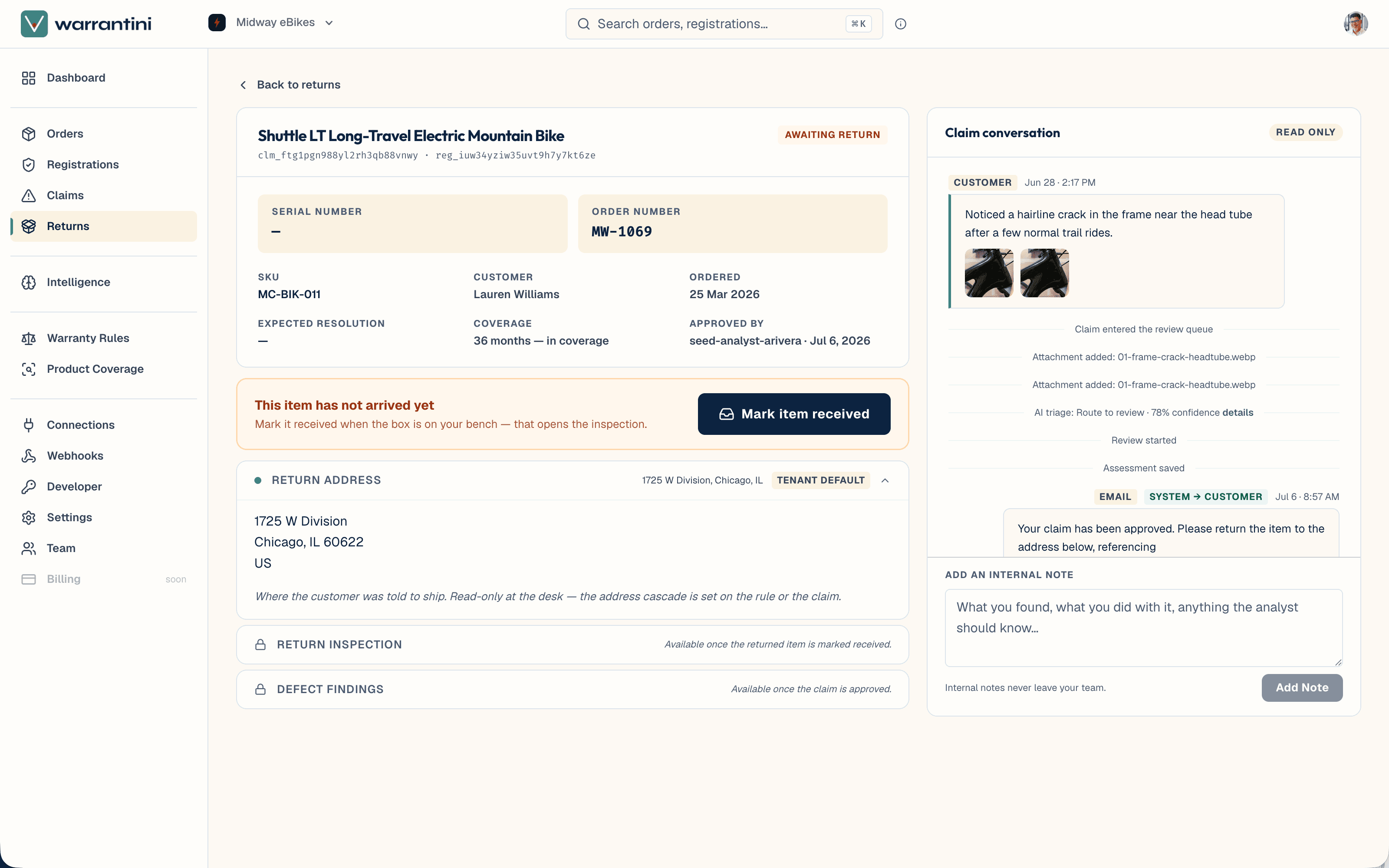The returns and inspection desk in the merchant dashboard: an approved, in-coverage e-bike claim awaiting its returned item — the return address the customer was given, a Mark item received action that opens the inspection, and the claim conversation shown read-only alongside so the analyst sees the full history without editing it.