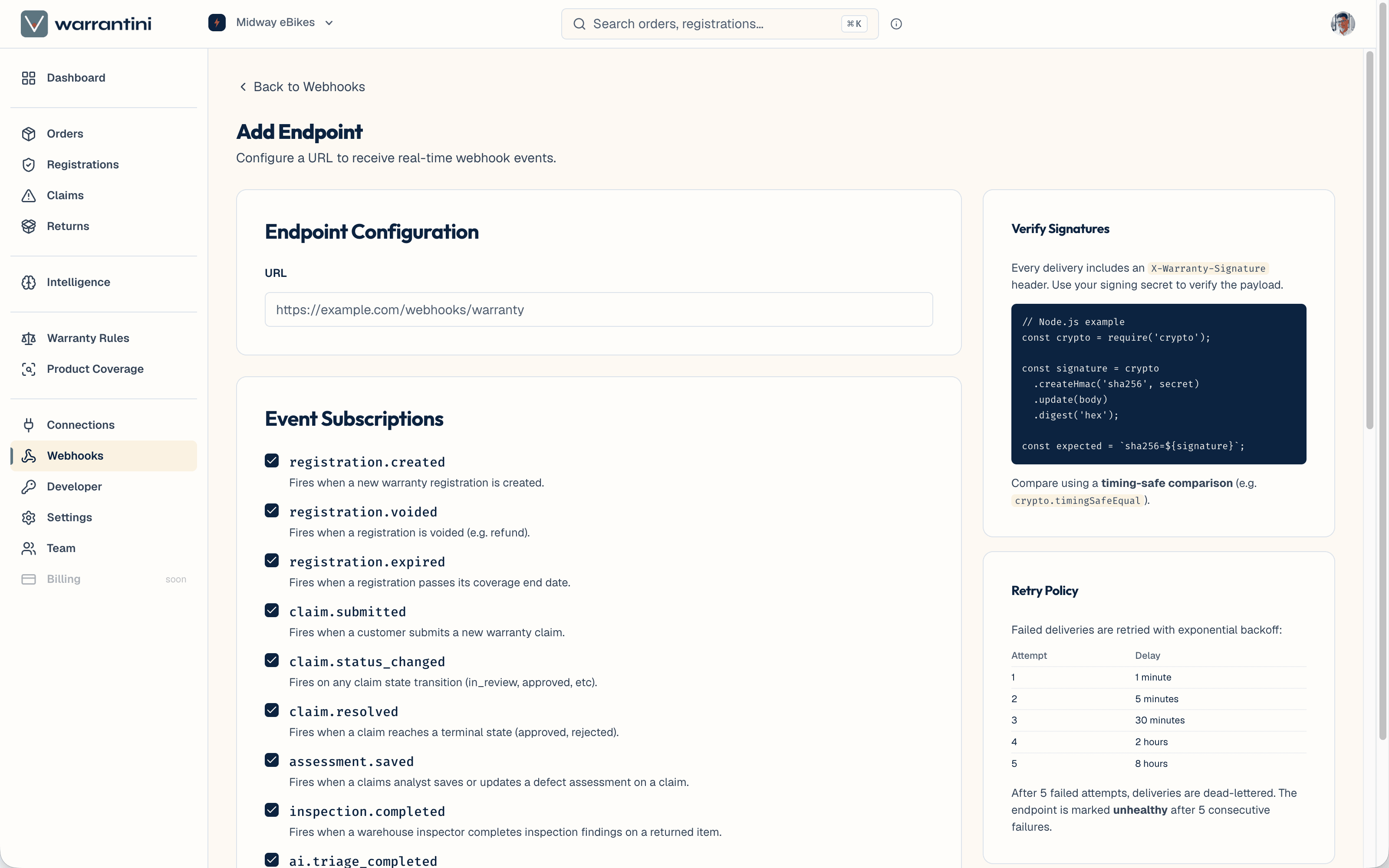 The webhook endpoint setup in the merchant dashboard: a URL field, a list of subscribable events across registrations, claims, and assessments, and panels showing how to verify the signature and how failed deliveries are retried.
