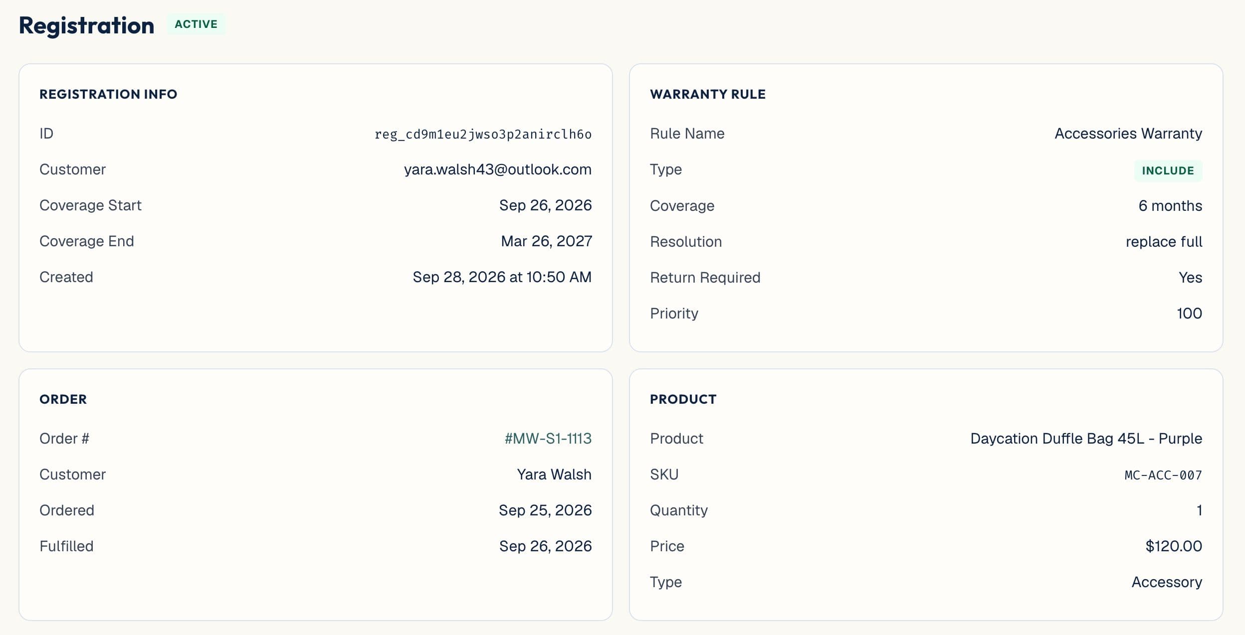 registration record in the dashboard