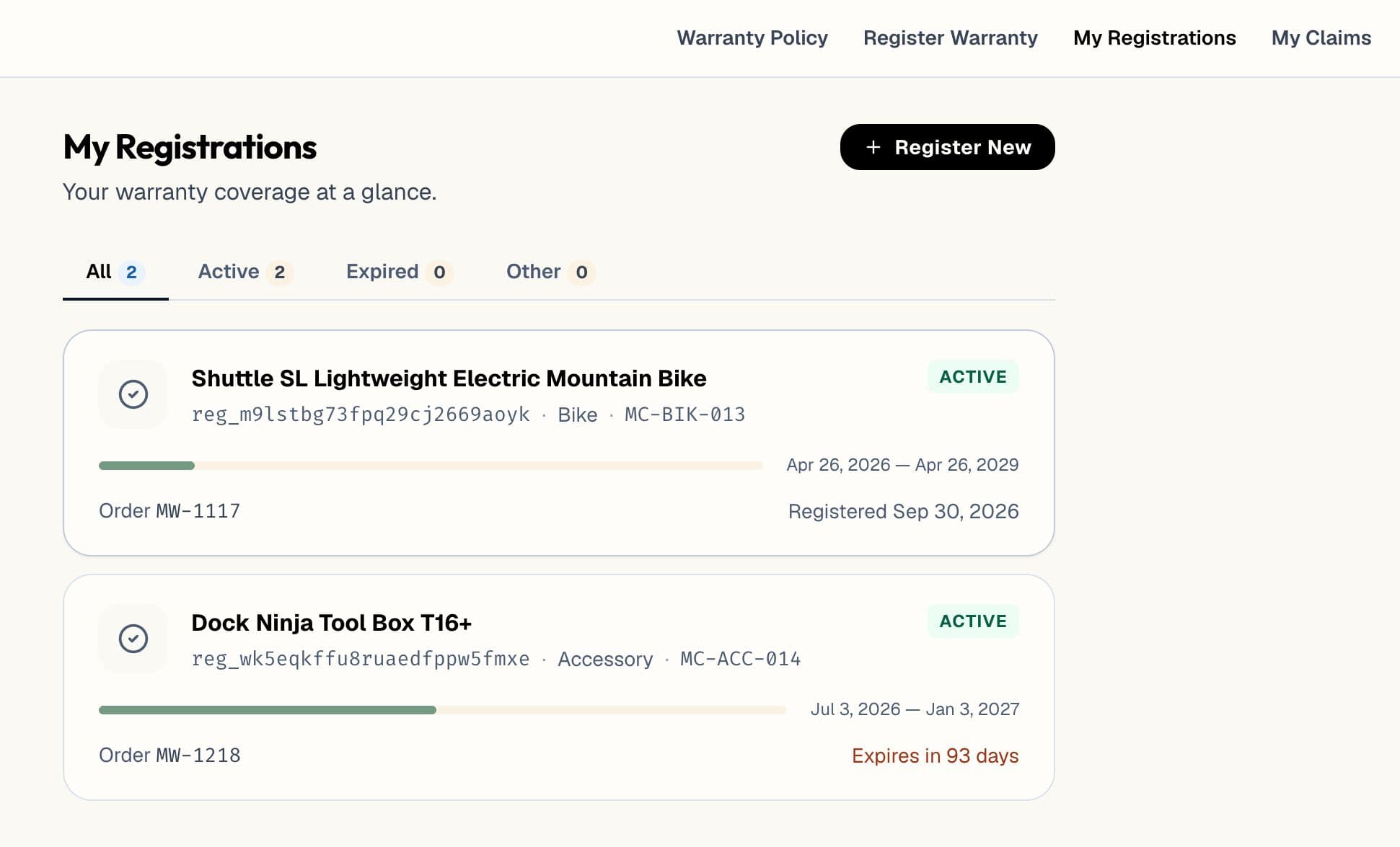 customer portal's registration page