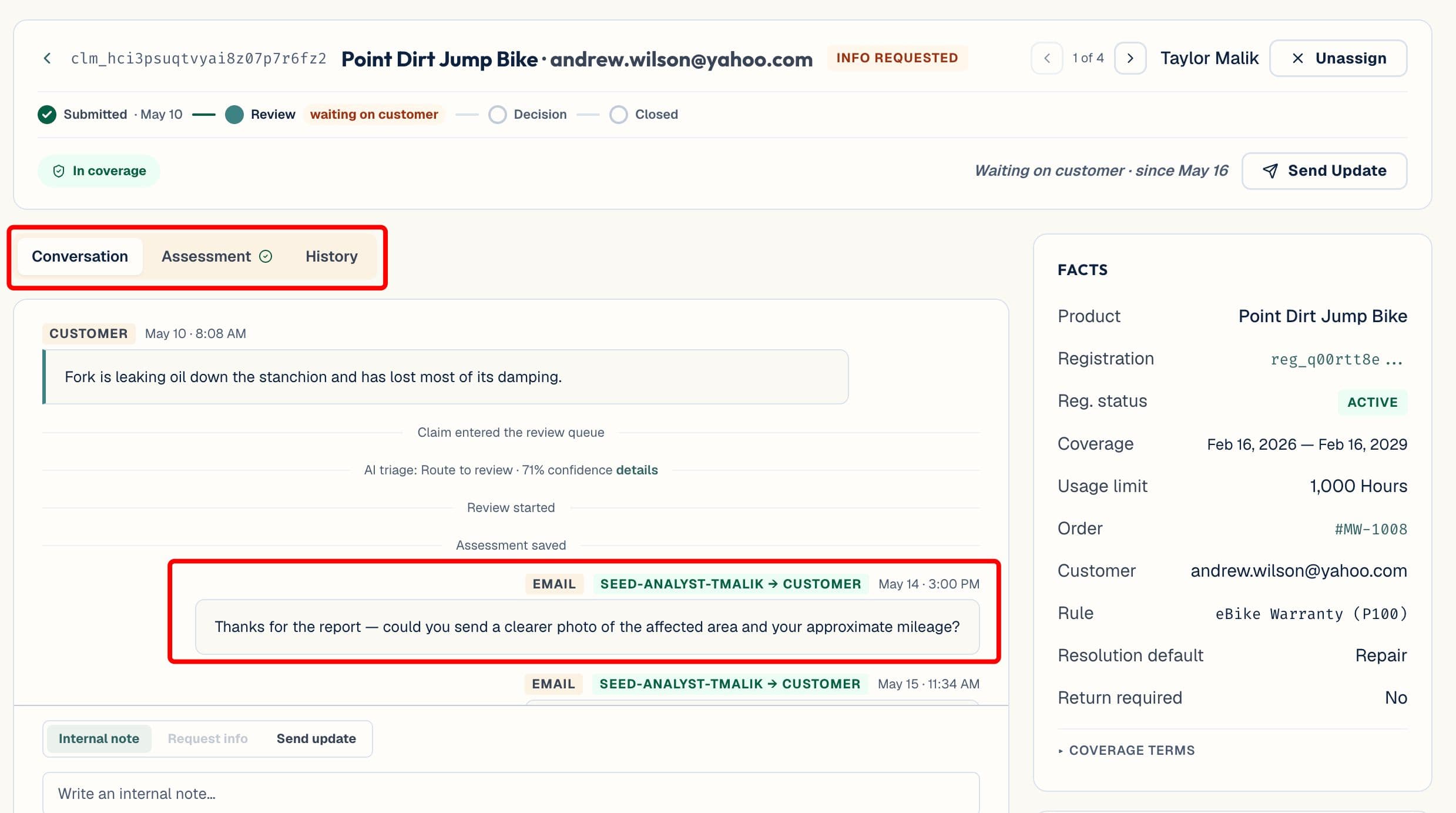 One claim's timeline, with status changes, the customer's replies and the decision on the same record